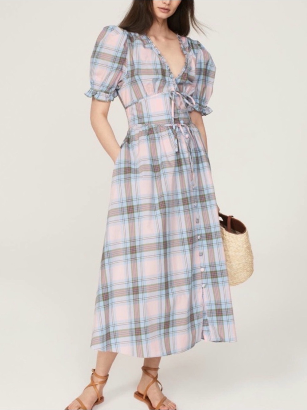 Hill House Plaid Midi Dress in Pastel Pink and Light Blue